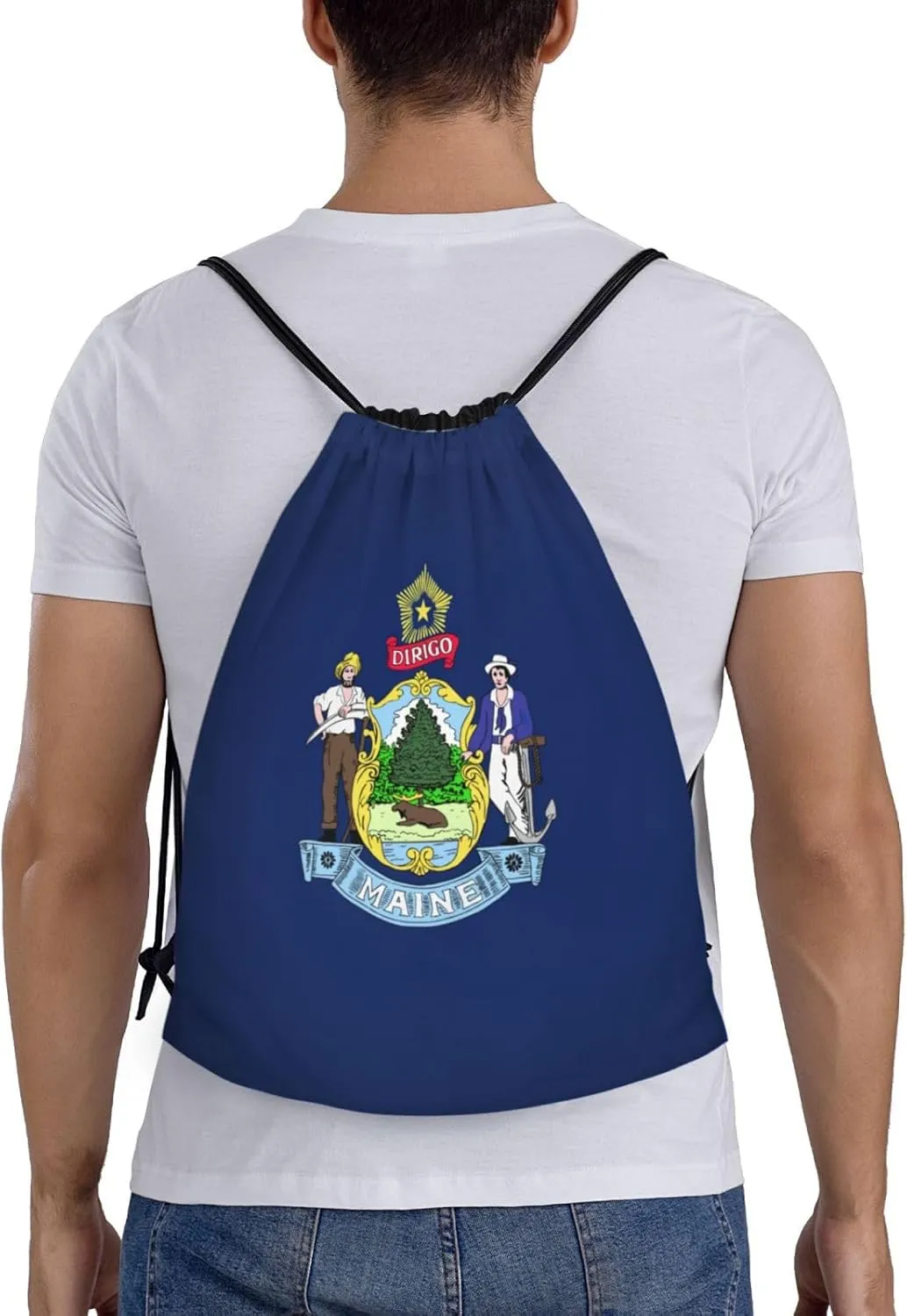 Maine State Flag Print Drawstring Backpack Lightweight Sport Bag,Pull String Back Sack Suitable Gym,Travel