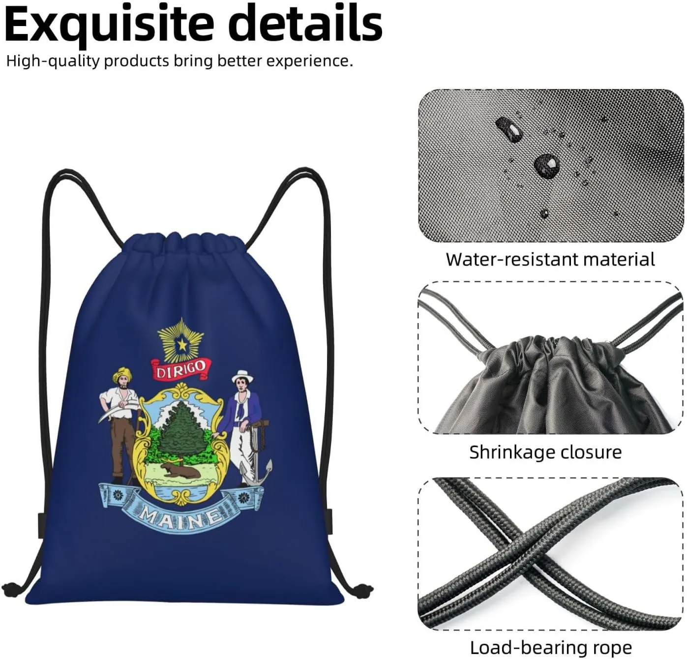 Maine State Flag Print Drawstring Backpack Lightweight Sport Bag,Pull String Back Sack Suitable Gym,Travel