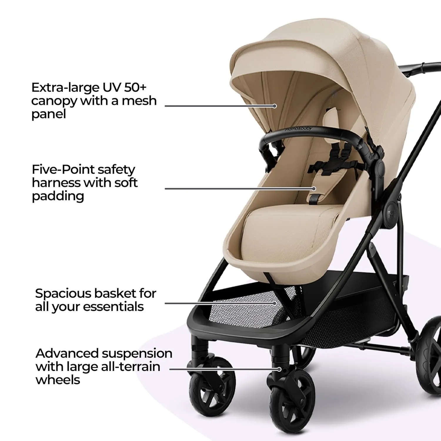 MAMA & BABY Rovee Bassinet Baby Stroller, 2-in-1 Foldable Infant Stroller with Reversible Seat, UPF 50  Canopy, All-Terrain Wheels for On-The-Go Families
