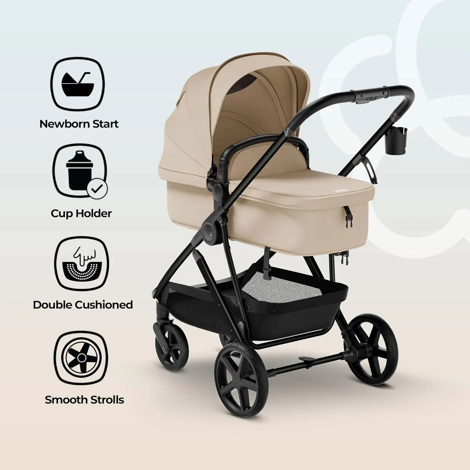 MAMA & BABY Rovee Bassinet Baby Stroller, 2-in-1 Foldable Infant Stroller with Reversible Seat, UPF 50  Canopy, All-Terrain Wheels for On-The-Go Families