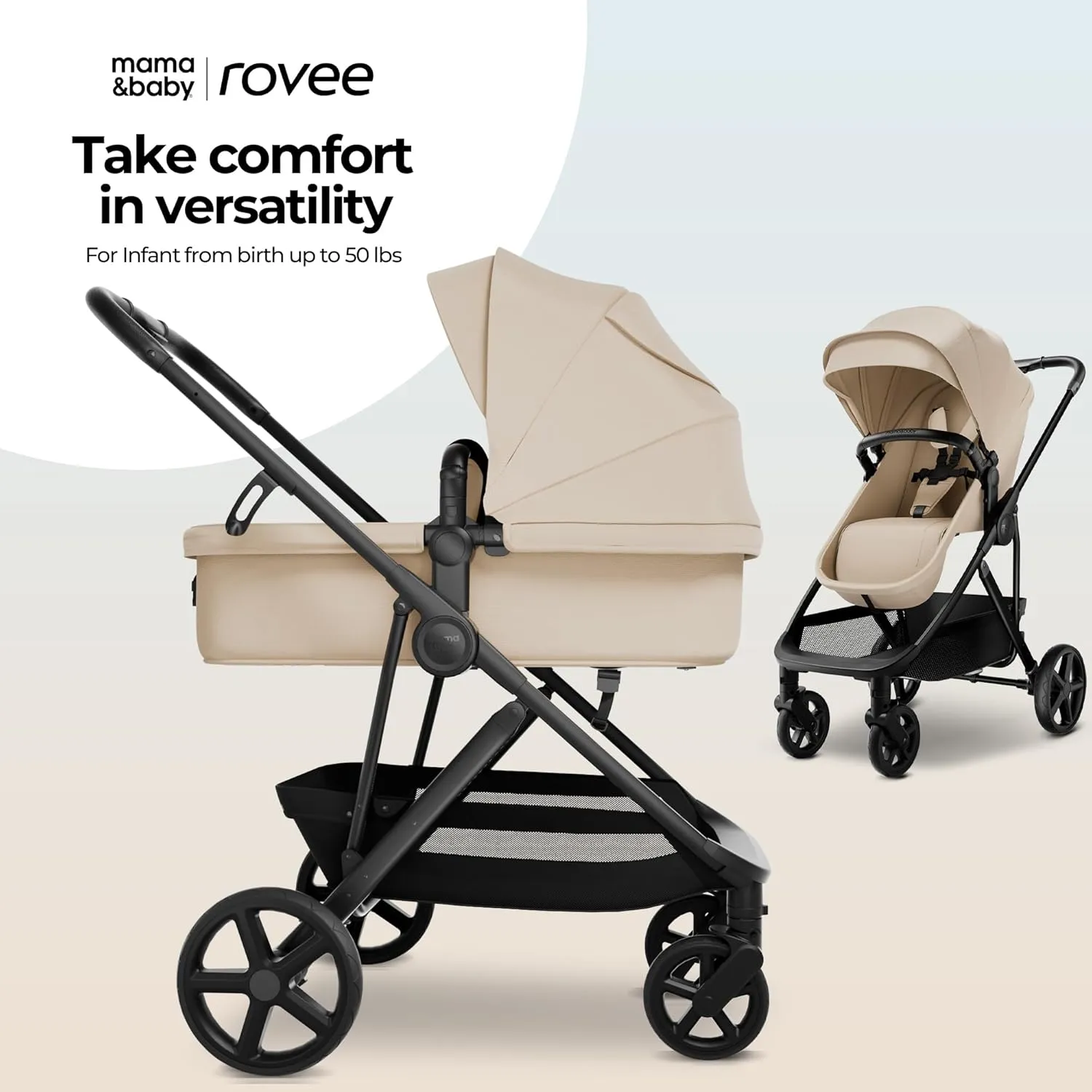 MAMA & BABY Rovee Bassinet Baby Stroller, 2-in-1 Foldable Infant Stroller with Reversible Seat, UPF 50  Canopy, All-Terrain Wheels for On-The-Go Families