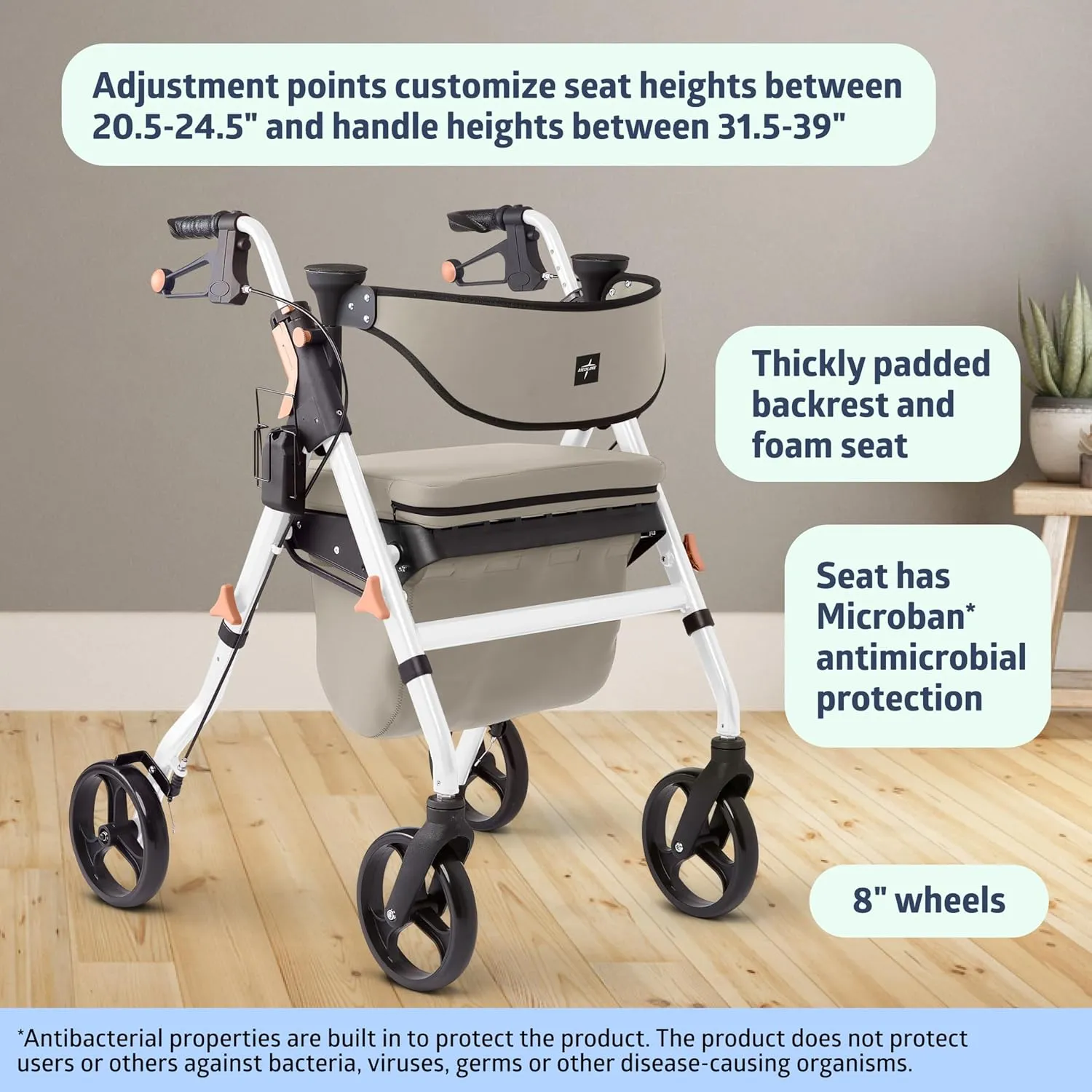 Medline Premium Empower Rollator Walker with Memory Foam Seat, Gray & White, 300 lb. Weight Capacity, 8” Wheels, Microban* Technology, Cupholder,Rolling Walker for Mobility Impairment