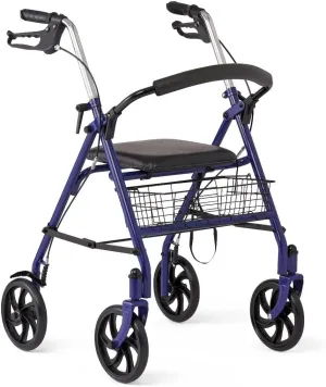 Medline Steel Rollator Walker with Seat, Blue, 300 lb. Weight Capacity, 8” Wheels, Foldable, Adjustable Handles, For Seniors, For Mobility Impairment