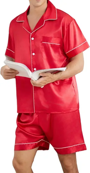 Men Satin Silk Pajamas Sets 2 Piece Outfits Short Sleeve Sleepwear Button-Down Lapel Shirt and Shorts PJs Sets