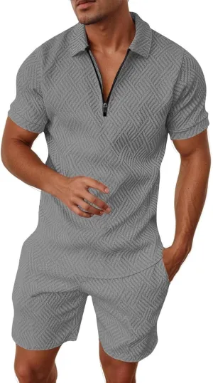 Men's 1/4 Zip Collar 2 Pieces Outfits Casual Quarter Zip Striped Polo T Shirt and Shorts Set Athletic Jogging