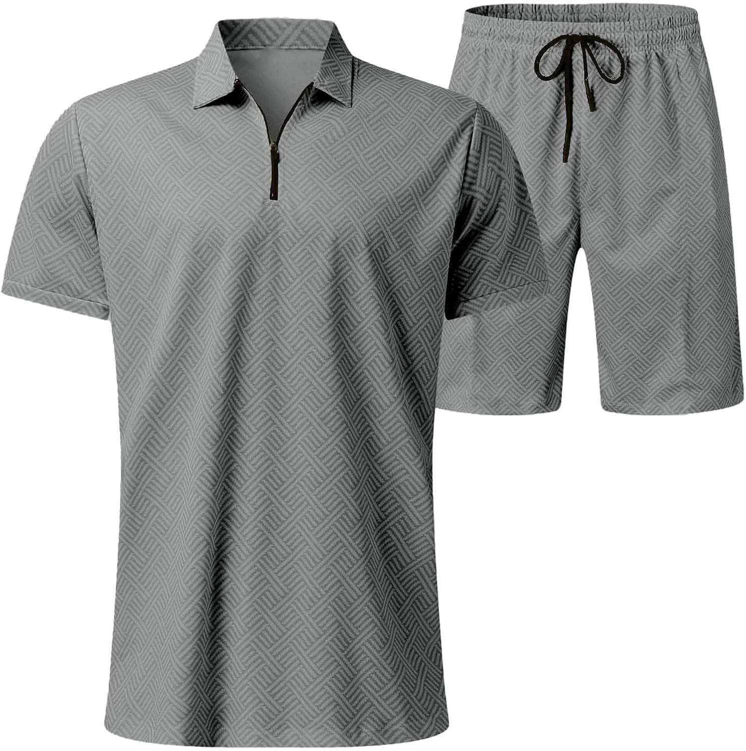 Men's 1/4 Zip Collar 2 Pieces Outfits Casual Quarter Zip Striped Polo T Shirt and Shorts Set Athletic Jogging