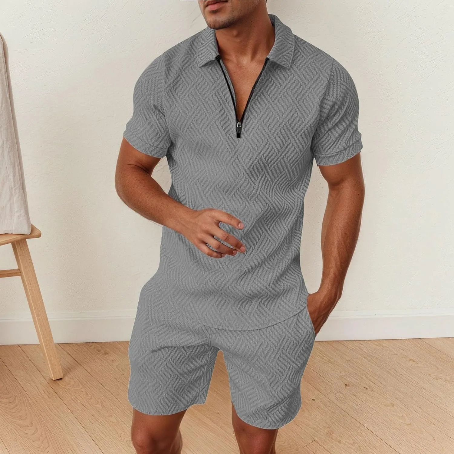 Men's 1/4 Zip Collar 2 Pieces Outfits Casual Quarter Zip Striped Polo T Shirt and Shorts Set Athletic Jogging