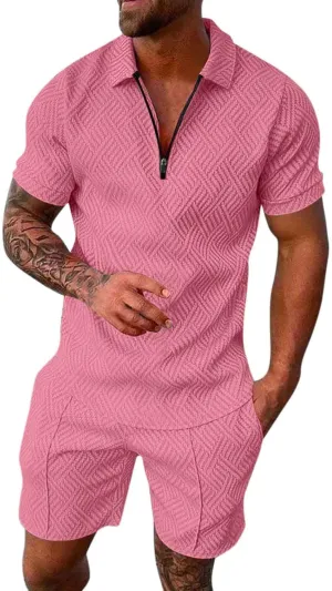 Men's 1/4 Zip Collar Polo Shirt and Shorts Set Tracksuit 2025 Trendy Summer Outfits Fashion Casual Athletic Sports