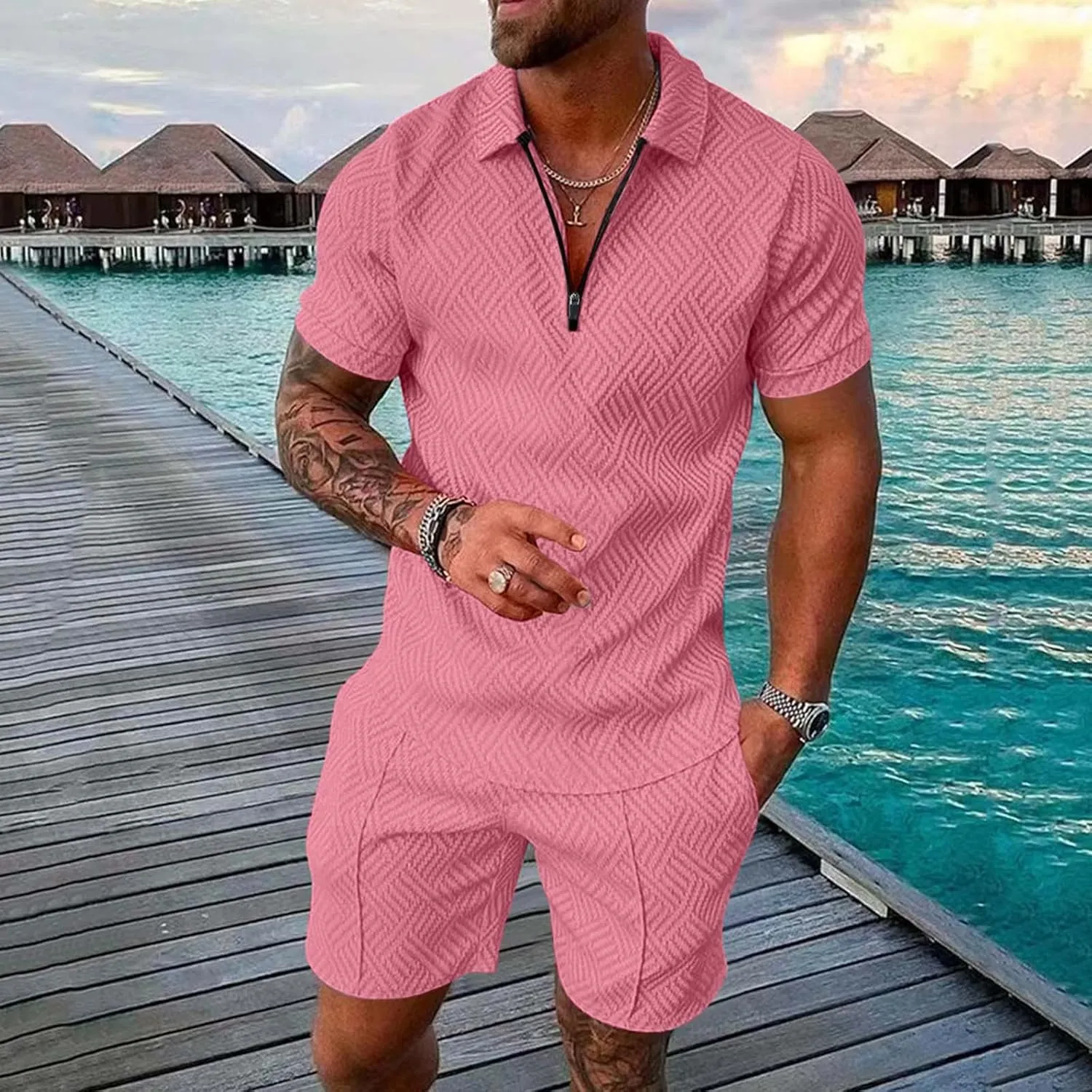 Men's 1/4 Zip Collar Polo Shirt and Shorts Set Tracksuit 2025 Trendy Summer Outfits Fashion Casual Athletic Sports