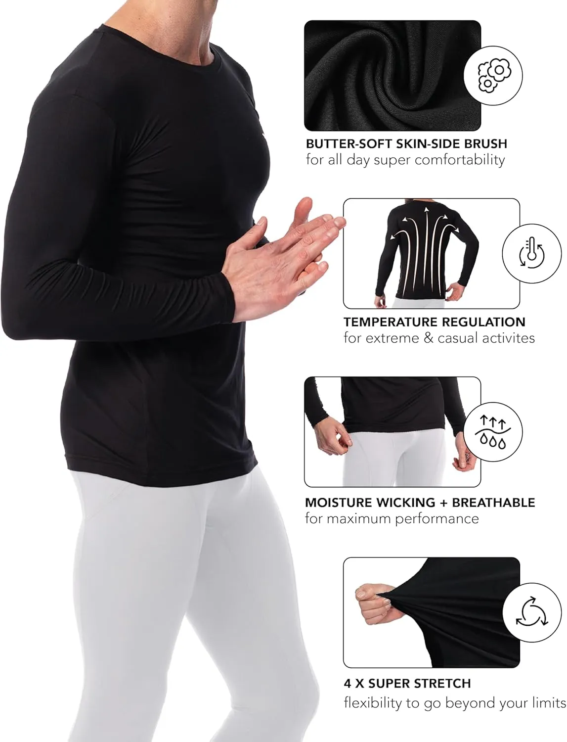 Men's 3 Pack Base Layer Long Sleeve Thermal Crew Neck Top | Soft & Lightweight Fleece Lined Shirts
