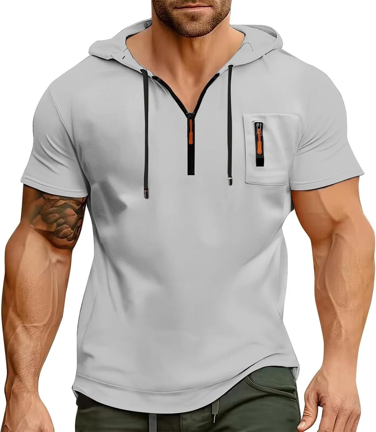 Mens Big and Tall Muscle Shirts Cargo Hoodies for Men Short Sleeve Quarter Zip Hoodie Lightweight Oversized Tshirts