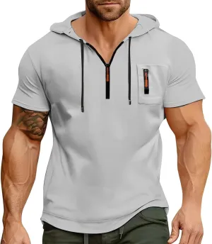 Mens Big and Tall Muscle Shirts Cargo Hoodies for Men Short Sleeve Quarter Zip Hoodie Lightweight Oversized Tshirts
