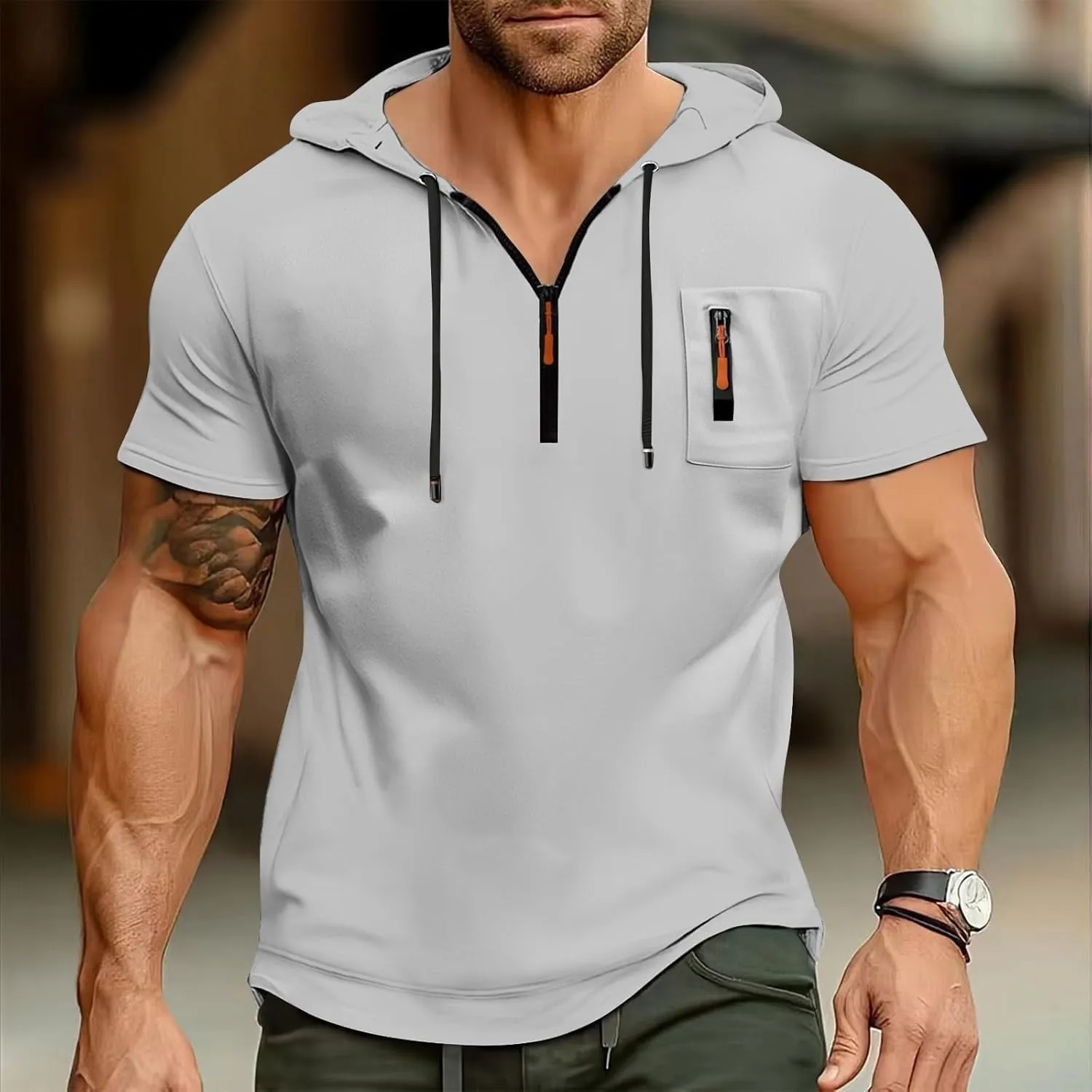 Mens Big and Tall Muscle Shirts Cargo Hoodies for Men Short Sleeve Quarter Zip Hoodie Lightweight Oversized Tshirts