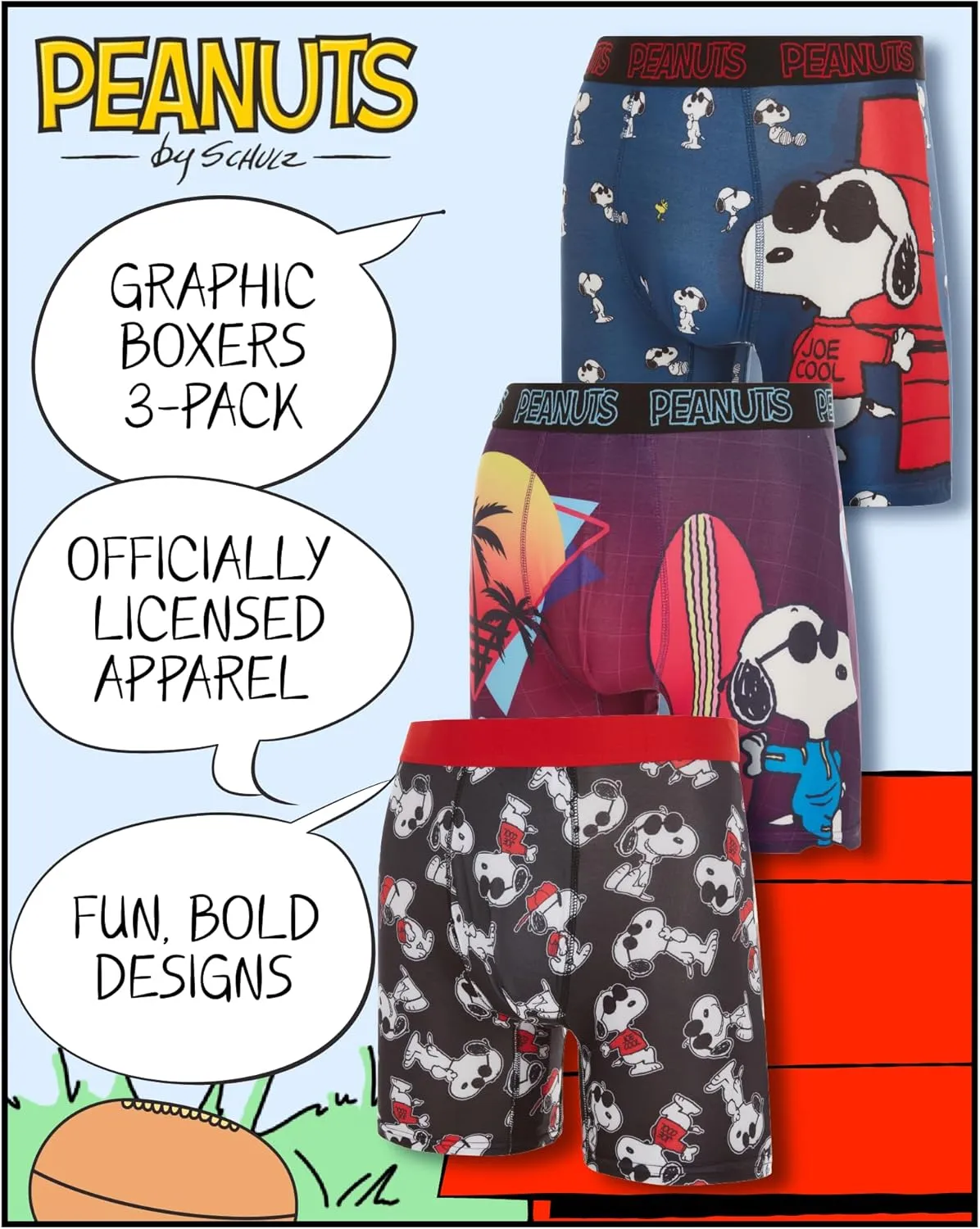 Mens Boxer Briefs - Peanuts Snoopy Soft Stretch Cotton Lined Crotch No Fly Underwear Boxers for Men (Sizes: S-XL)