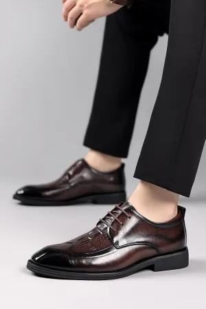 Men's Brogue Embossed Crocodile Print Oxford Shoes - Lace-Up Round Burnished Toe Formal with Low Top Rubber Sole, Anti-Slip for Classic Style