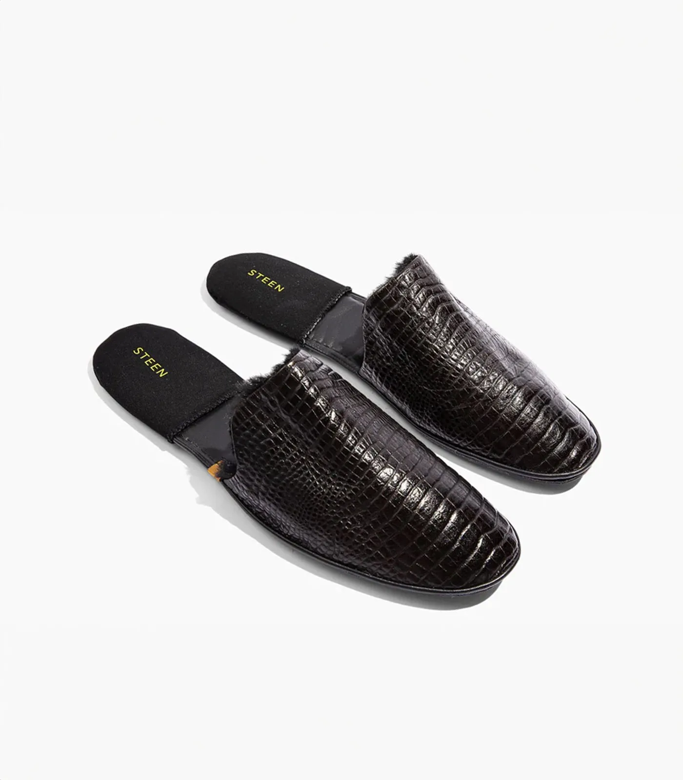 Men’s Crocodile Embossed Leather Foldable Slippers with Eco-Fur