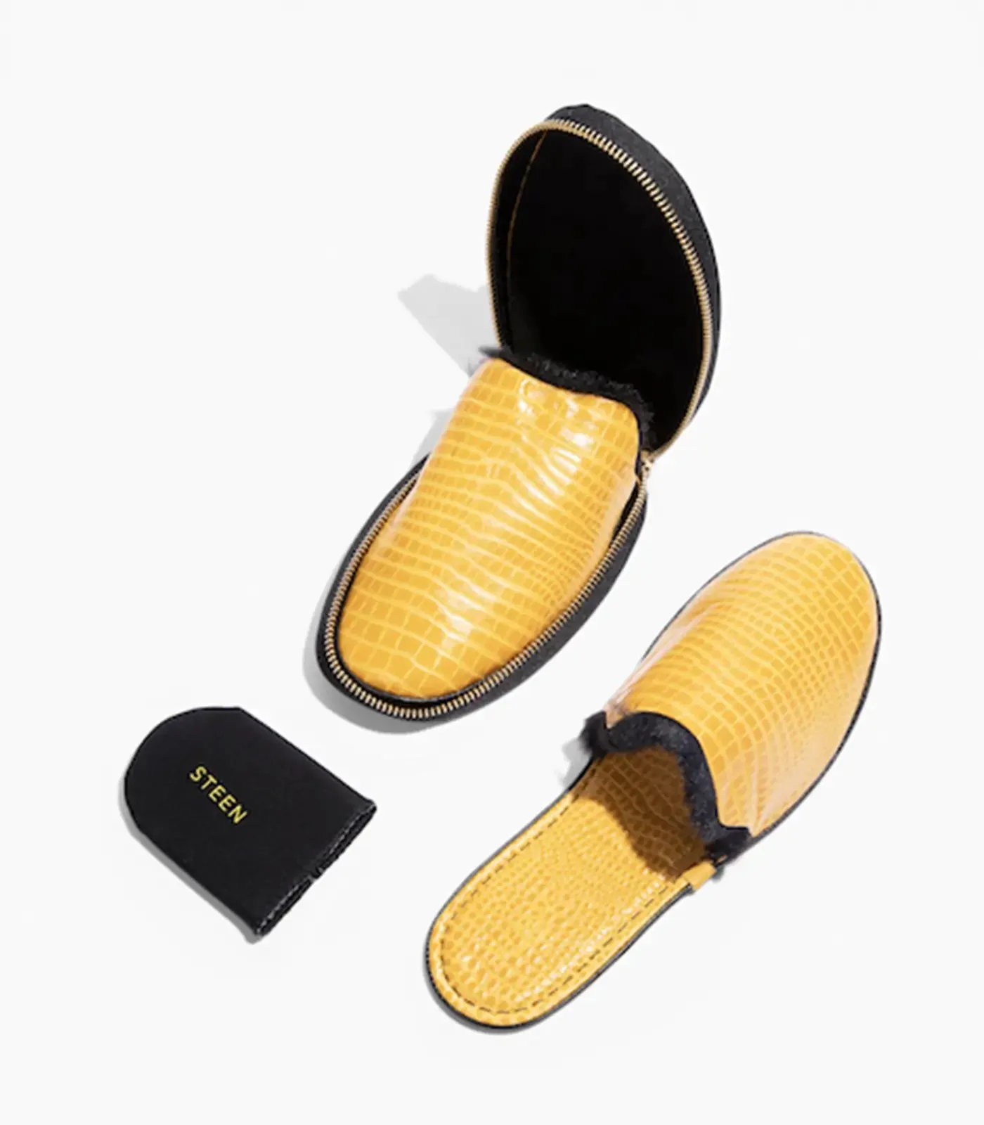 Men’s Crocodile Embossed Leather Foldable Slippers with Eco-Fur