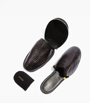 Men’s Crocodile Embossed Leather Foldable Slippers with Eco-Fur