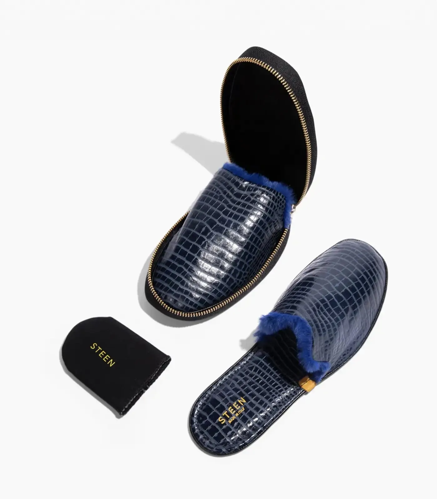 Men’s Crocodile Embossed Leather Foldable Slippers with Eco-Fur