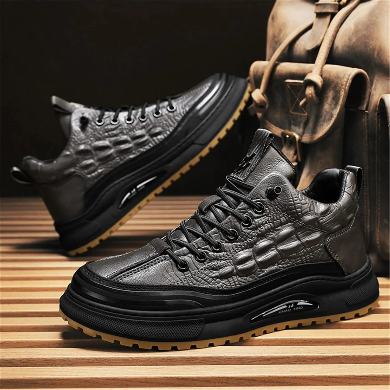 Men's Crocodile Print Leather Flat Fashion Sneaker,Casual Round Toe Low Top Softsole Oxford Elastic Band Non-Slip Walking Running Driving Shoes