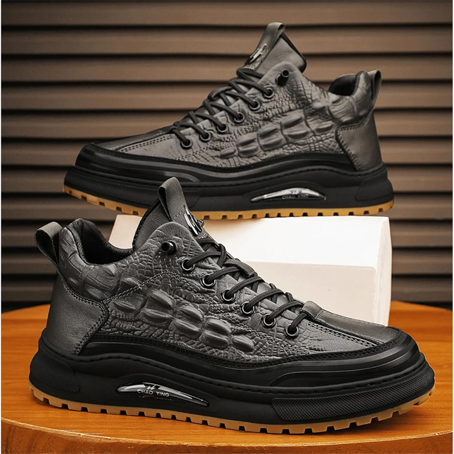 Men's Crocodile Print Leather Flat Fashion Sneaker,Casual Round Toe Low Top Softsole Oxford Elastic Band Non-Slip Walking Running Driving Shoes