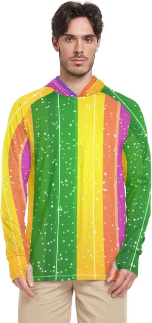 Mens Hoodie Sun Protection Long Sleeve Quick Dry Mens Sun Shirts UPF 50  UV Rash Guard with Hood Sun Proof Shirts Pride Month A Rainbow Stripe