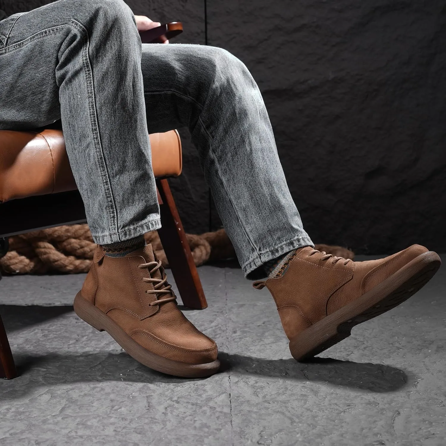 Mens Lace Up Cowboy Boots, Casual Fashion Wide Ankle Western Chukka Shoes Slip On Chelsea Wedge Boots, Comfortable Round Toe Retro Stylich