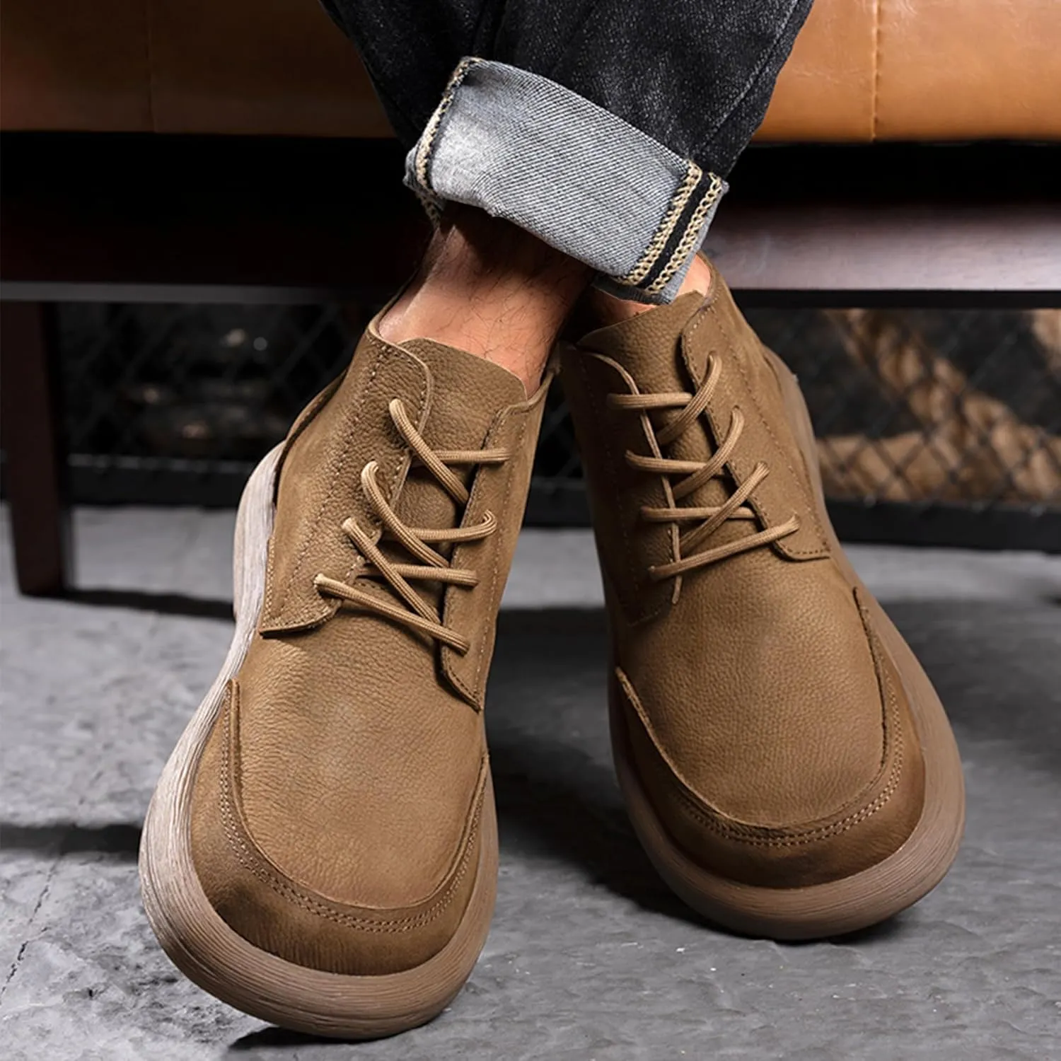 Mens Lace Up Cowboy Boots, Casual Fashion Wide Ankle Western Chukka Shoes Slip On Chelsea Wedge Boots, Comfortable Round Toe Retro Stylich