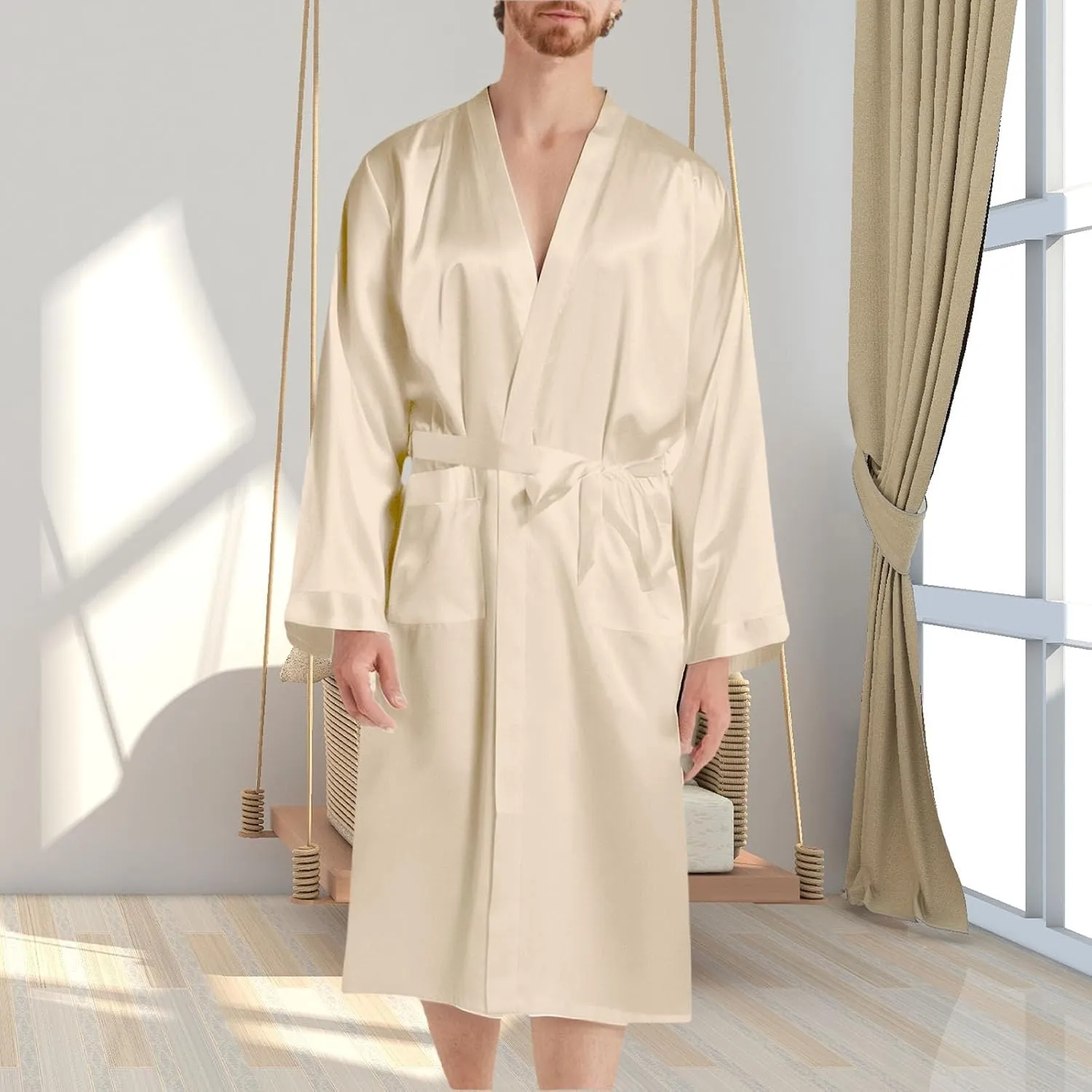 Men’s Satin Robe Lightweight,Long Sleeve Open Front Luxurious Silk Kimono Bathrobe Sleepwear Plus Size