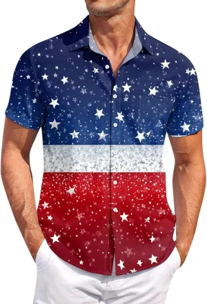 Men's Short Sleeve Button Down Shirts American Flag Printed Graphic Tees Hawaiian Casual 4th of July Printed Summer