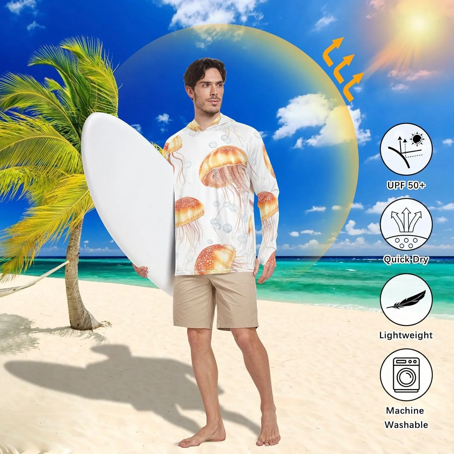 Mens Sun Shirts Protection Long Sleeve UPF 50   Mens Sun Shirts Quick Dry UV Rash Guard Hooded Beach Hoodie