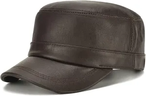 Men's Vintage Leather Military Cap Flat Top Winter Warm Male Cadet Army Caps Solid Color for Cold Weather