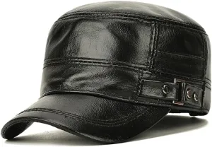 Men's Vintage Leather Military Cap Flat Top Winter Warm Male Cadet Army Caps Solid Color for Cold Weather