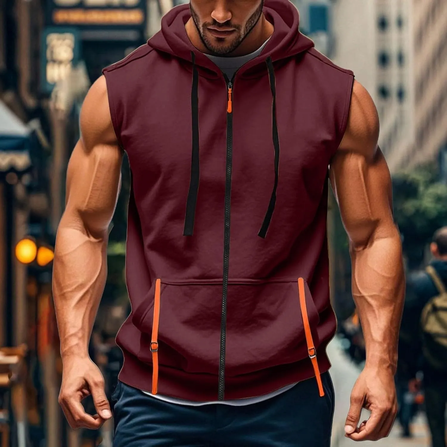 Men's Workout Hooded Tank Tops Full Zip Up Sleeveless Gym Shirts Muscle Cut Off T Shirt Bodybuilding Hoodies