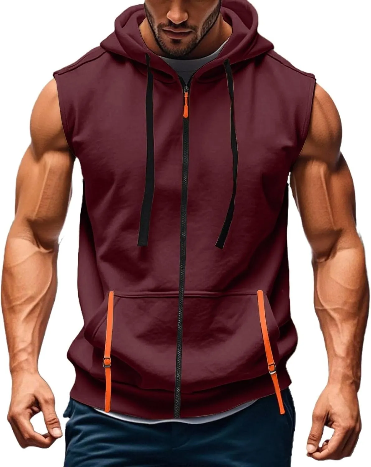 Men's Workout Hooded Tank Tops Full Zip Up Sleeveless Gym Shirts Muscle Cut Off T Shirt Bodybuilding Hoodies