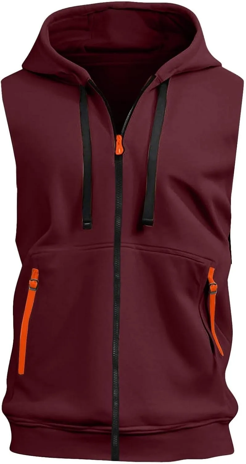 Men's Workout Hooded Tank Tops Full Zip Up Sleeveless Gym Shirts Muscle Cut Off T Shirt Bodybuilding Hoodies