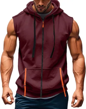 Men's Workout Hooded Tank Tops Full Zip Up Sleeveless Gym Shirts Muscle Cut Off T Shirt Bodybuilding Hoodies