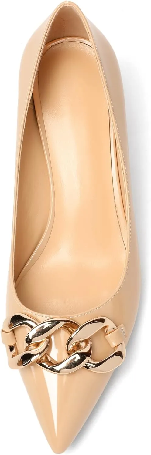 Mettesally Women's Block Heel Pumps Pointed Toe Mid Heels Heeled Pumps Low Heels with Metal Chain Dressy Wedding Party Shoes