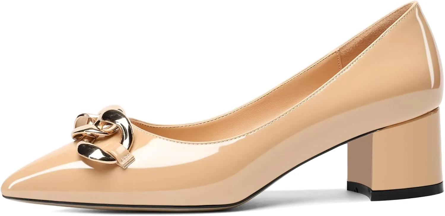 Mettesally Women's Block Heel Pumps Pointed Toe Mid Heels Heeled Pumps Low Heels with Metal Chain Dressy Wedding Party Shoes