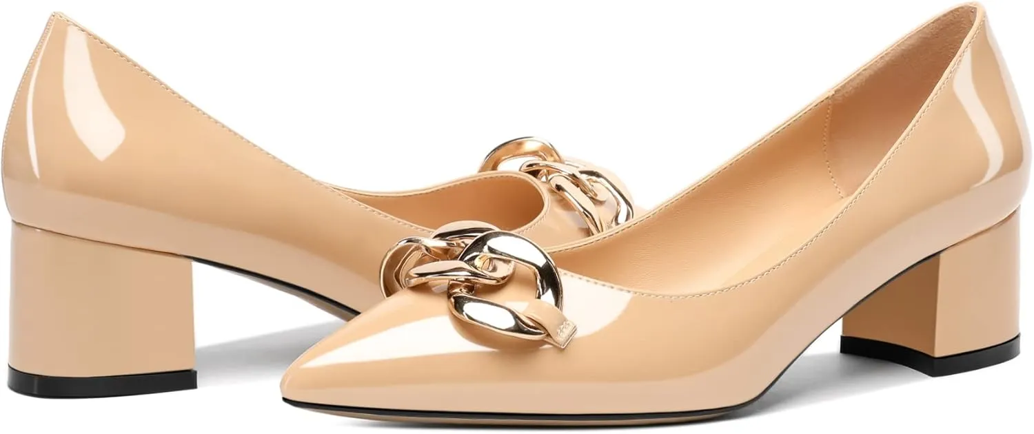 Mettesally Women's Block Heel Pumps Pointed Toe Mid Heels Heeled Pumps Low Heels with Metal Chain Dressy Wedding Party Shoes