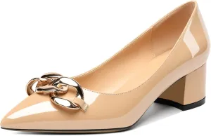 Mettesally Women's Block Heel Pumps Pointed Toe Mid Heels Heeled Pumps Low Heels with Metal Chain Dressy Wedding Party Shoes