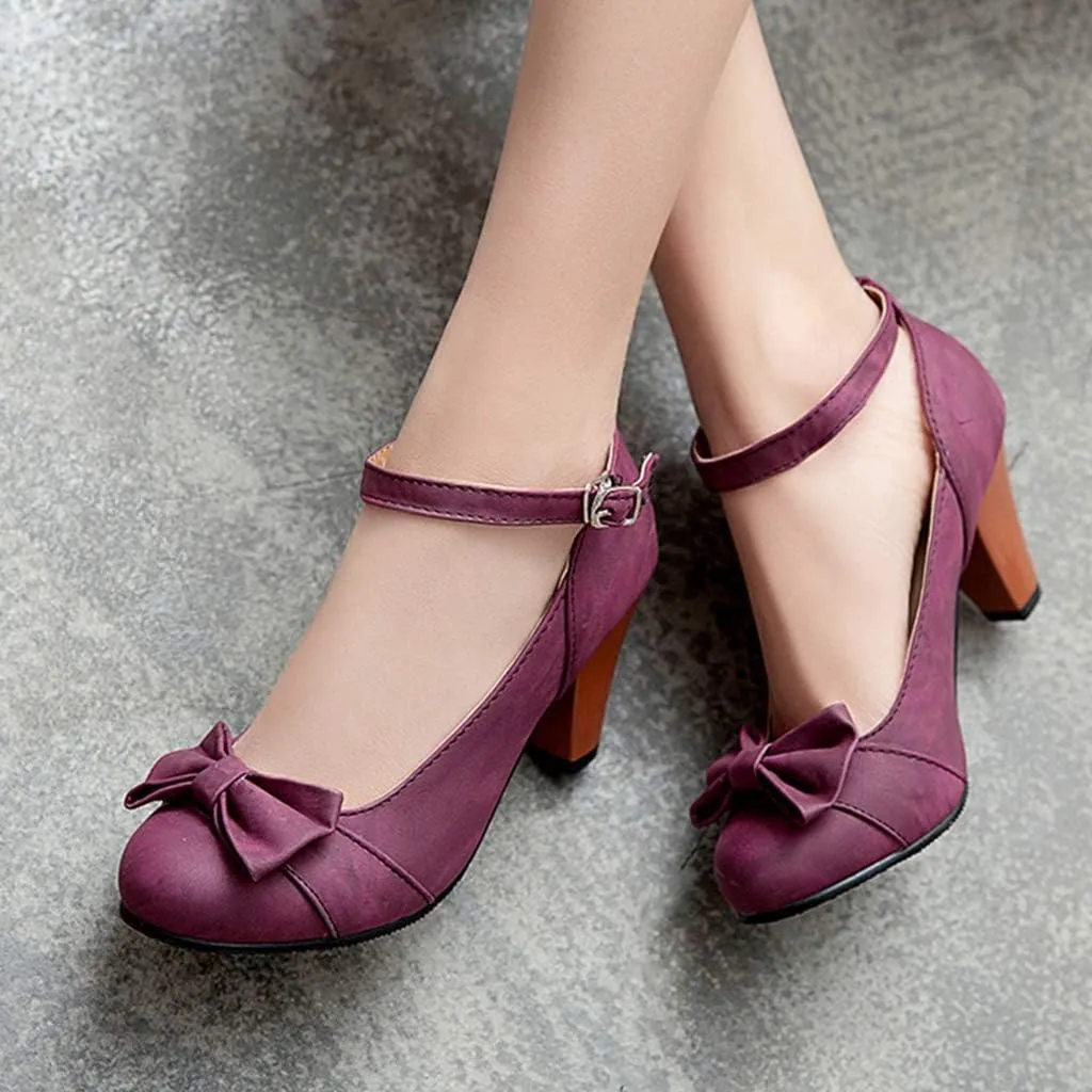 MIOKE Women's Mary Jane Pump Oxfords Pointed Toe Buckle Strap Leather Kitten Mid Heel Retro Dress Shoes