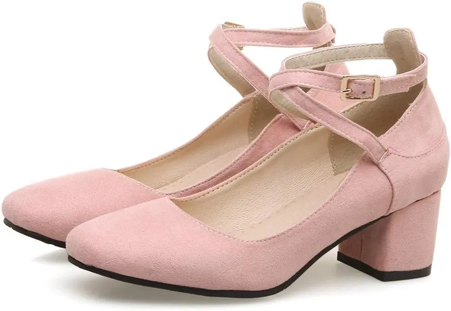 MIOKE Women's Retro Square Toe Chunky Mid Block Heel Pumps Suede Ankle Strap Comfort Office Dress Shoes