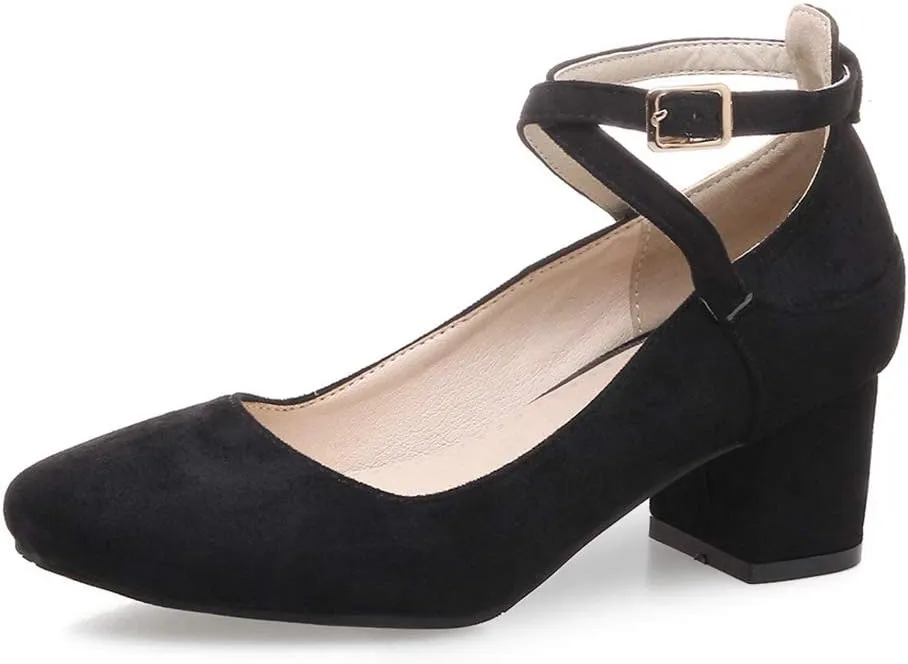 MIOKE Women's Retro Square Toe Chunky Mid Block Heel Pumps Suede Ankle Strap Comfort Office Dress Shoes