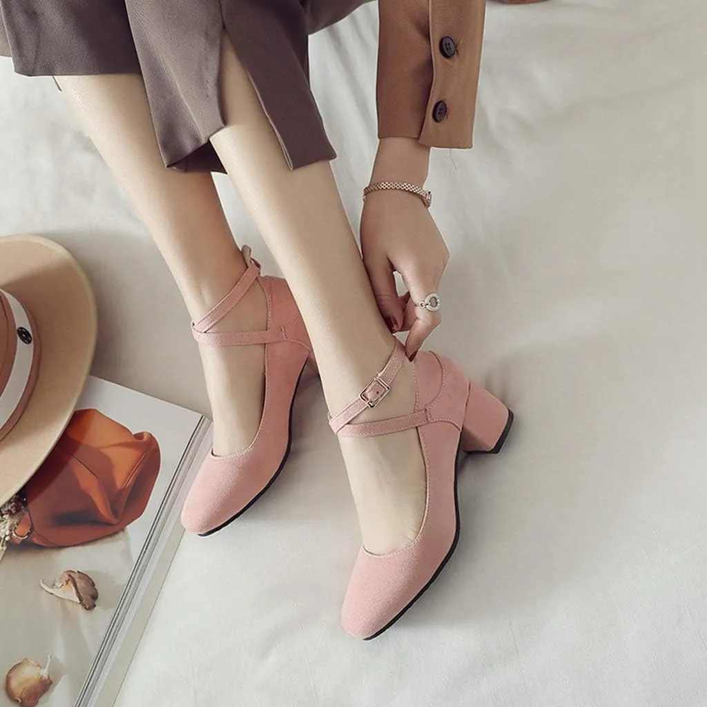 MIOKE Women's Retro Square Toe Chunky Mid Block Heel Pumps Suede Ankle Strap Comfort Office Dress Shoes