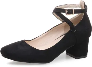 MIOKE Women's Retro Square Toe Chunky Mid Block Heel Pumps Suede Ankle Strap Comfort Office Dress Shoes