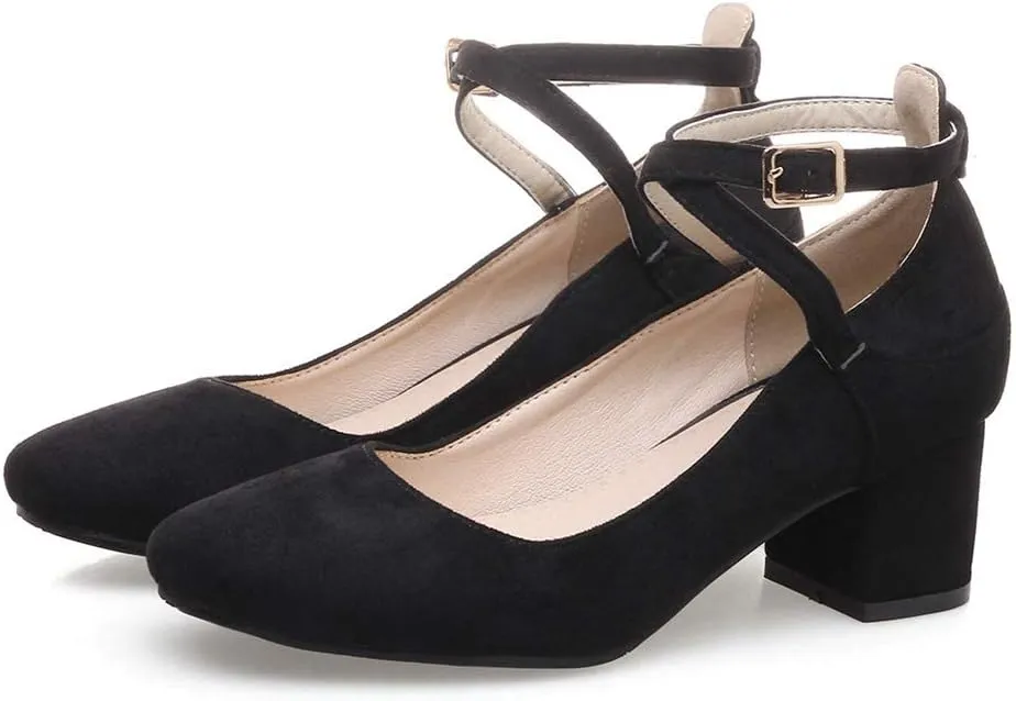 MIOKE Women's Retro Square Toe Chunky Mid Block Heel Pumps Suede Ankle Strap Comfort Office Dress Shoes