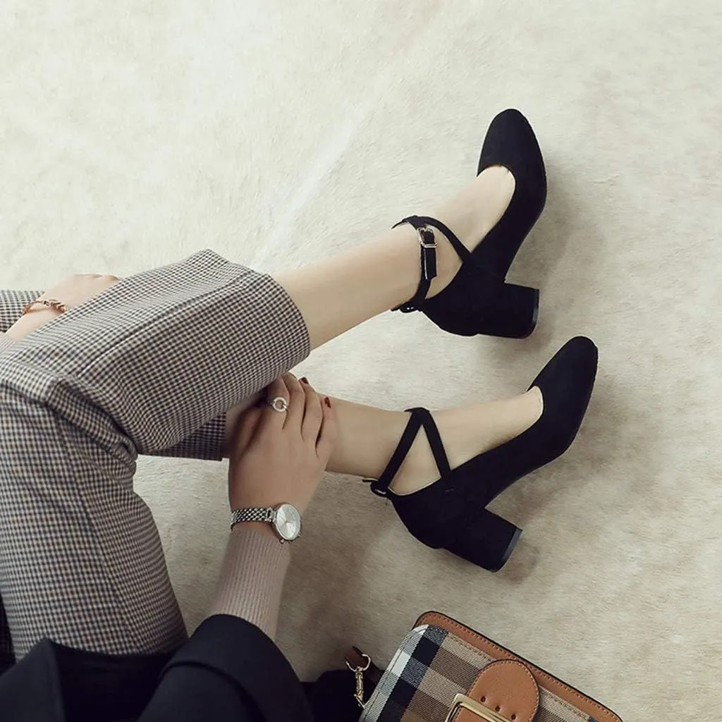 MIOKE Women's Retro Square Toe Chunky Mid Block Heel Pumps Suede Ankle Strap Comfort Office Dress Shoes