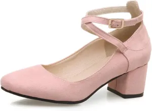 MIOKE Women's Retro Square Toe Chunky Mid Block Heel Pumps Suede Ankle Strap Comfort Office Dress Shoes