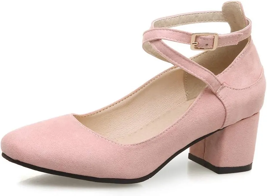 MIOKE Women's Retro Square Toe Chunky Mid Block Heel Pumps Suede Ankle Strap Comfort Office Dress Shoes